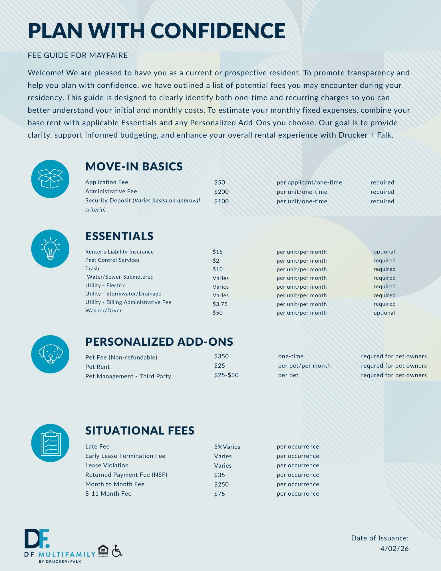 Fee Guide for Mayfaire - Please call our leasing office for more details